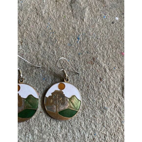 Vintage Dangle Earrings Enamel Circular Midsize 1 Inch Tree Landscape Unstamped - Picture 3 of 5